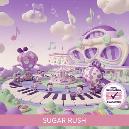 A whimsical purple and white polka-dotted hot air balloon floats above a playful musical playground in sugar rush gymnastics floor music
