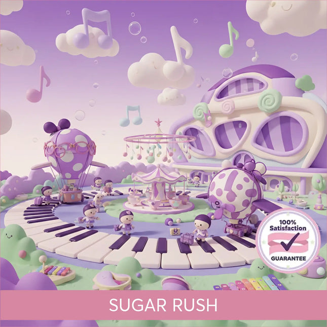 A whimsical purple and white polka-dotted hot air balloon floats above a playful musical playground in sugar rush gymnastics floor music