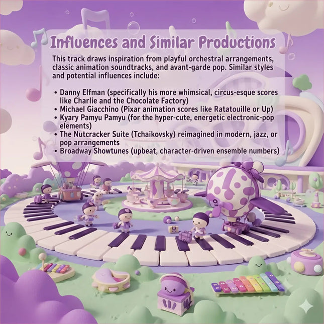 A whimsical purple and white polka-dotted plush balloon floats above piano keys in the sugar rush gymnastics floor music scene