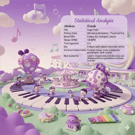 Purple polka-dotted hot air balloon with mickey mouse ears floating over giant piano keyboard for sugar rush whimsical gymnastics floor music