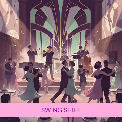 A vibrant art deco jazz club scene with couples dancing perfect for swing shift big band gymnastics floor music use