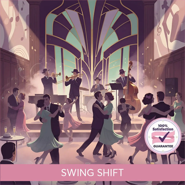 A vibrant art deco jazz club scene with couples dancing perfect for swing shift big band gymnastics floor music use