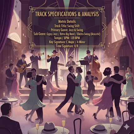 A vintage-style big band in 1930s attire plays brass and double bass for swing shift gymnastics floor music