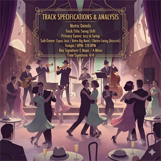 A vintage-style big band in 1930s attire plays brass and double bass for swing shift gymnastics floor music