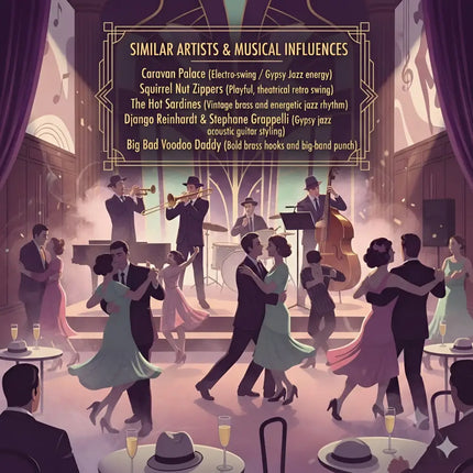 A vintage-style big band with brass and double bass performing swing shift gymnastics floor music in 1930s attire