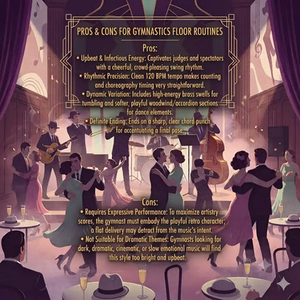 Vintage-style illustrated poster for swing shift big band gymnastics floor music with retro band and dancing couples
