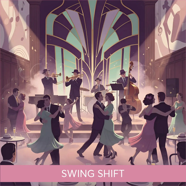 A vibrant art deco jazz club scene with couples dancing perfect for swing shift big band gymnastics floor music use