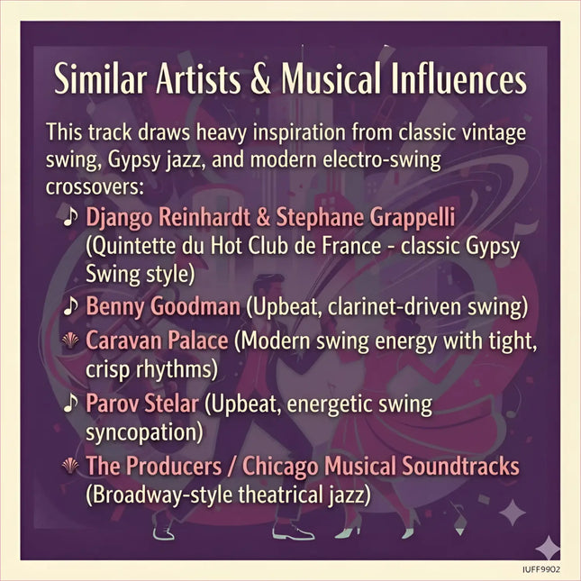 Purple graphic poster with vintage dancers listing similar artists and influences for gypsy swing gymnastics floor music
