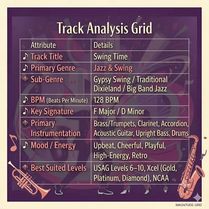 Purple track analysis grid with gold musical instruments for gypsy swing jazz gymnastics floor music use