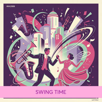 A vibrant illustration of a man and woman dancing in formal wear with city and musical instruments for gypsy swing jazz gymnastics floor music