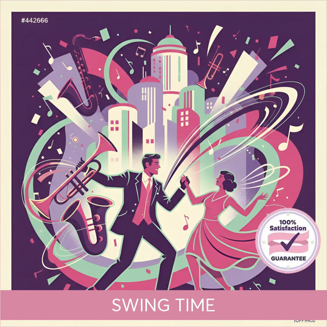 A vibrant illustration of a man and woman dancing in formal wear with city and musical instruments for gypsy swing jazz gymnastics floor music