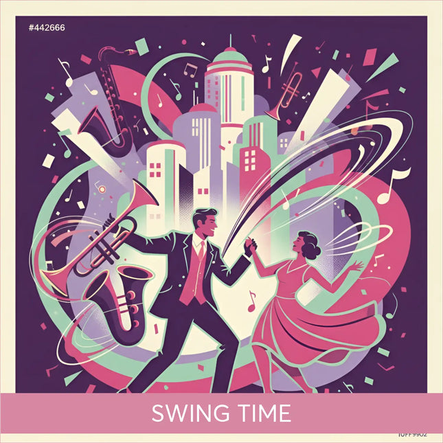 A vibrant illustration of a man and woman dancing in formal wear with city and musical instruments for gypsy swing jazz gymnastics floor music