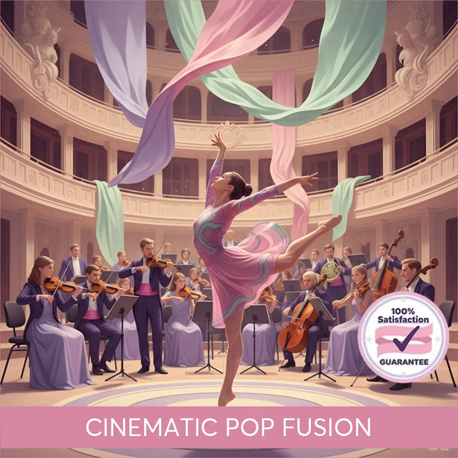 A graceful ballerina in a pink and teal dress performs on stage with symphonic cinematic pop fusion gymnastics floor music