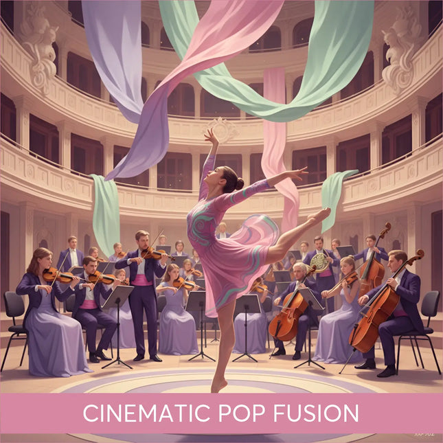 Graceful ballerina in symphonic gymnastics floor music cinematic pop fusion pose