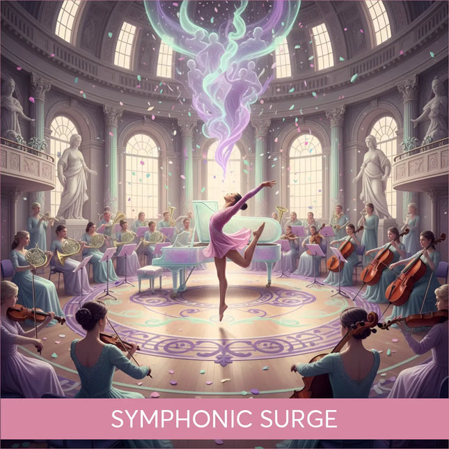 Graceful ballerina in pink leotard on stage with symphonic gymnastics floor music