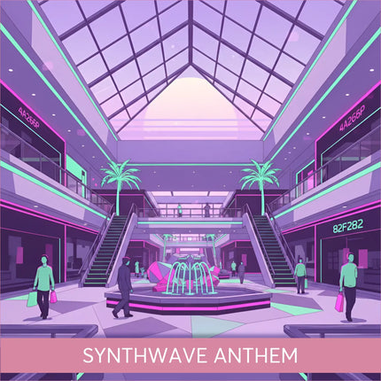 Synthwave glowing pink teal fountain in futuristic mall for gymnastics floor music