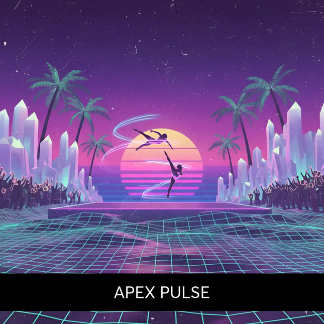 Vibrant neon pink and purple synthwave sunset with glowing stripes on a gymnastics floor music album cover