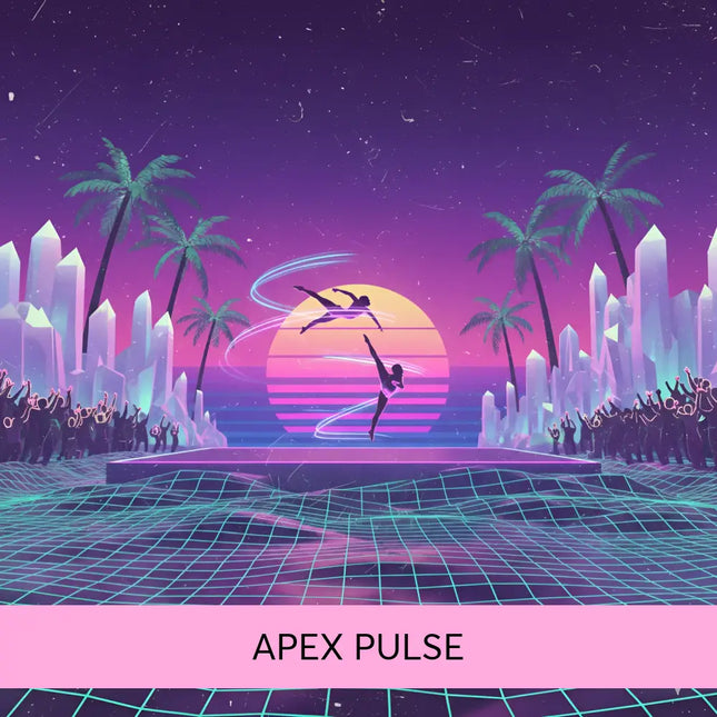 Vibrant neon pink and purple synthwave sunset with glowing stripes on a gymnastics floor music album cover