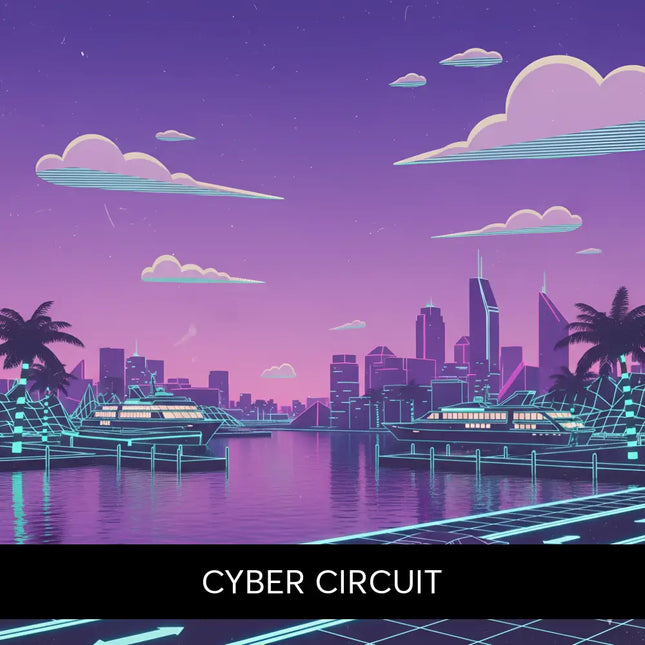 A sleek neon pink synthwave car glides on a glowing grid road under purple sky for cyber circuit gymnastics floor music
