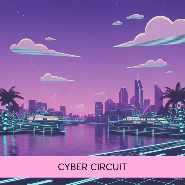 A sleek neon pink synthwave car glides on a glowing grid road under purple sky for cyber circuit gymnastics floor music