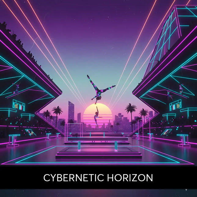 A neon-lit synthwave gymnastics floor with glowing purple and teal lines and vibrant sunset music vibes