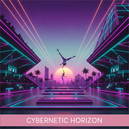 Synthwave gymnastics floor music stage with neon purple teal glow at sunset
