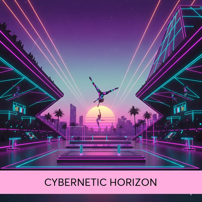 A neon-lit synthwave gymnastics floor with glowing purple and teal lines and vibrant sunset music vibes