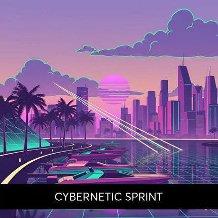 Vibrant neon-pink and teal speedboats docked on a glowing grid-lined waterfront under a synthwave sunset for gymnastics floor music