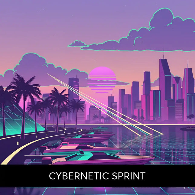 Vibrant neon-pink and teal speedboats docked on a glowing grid-lined waterfront under a synthwave sunset for gymnastics floor music