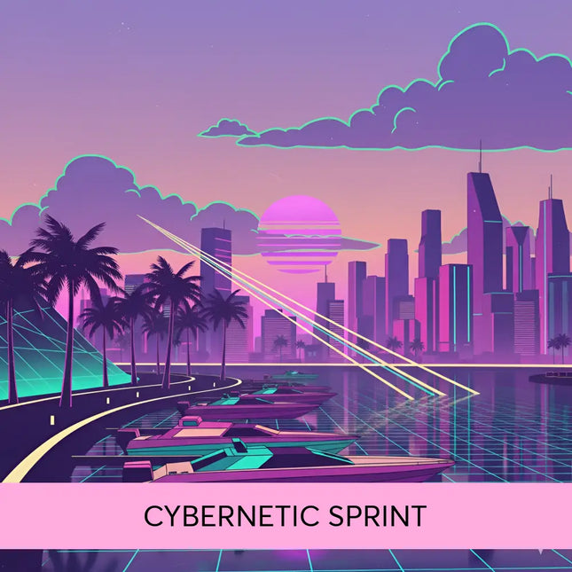 Vibrant neon-pink and teal speedboats docked on a glowing grid-lined waterfront under a synthwave sunset for gymnastics floor music