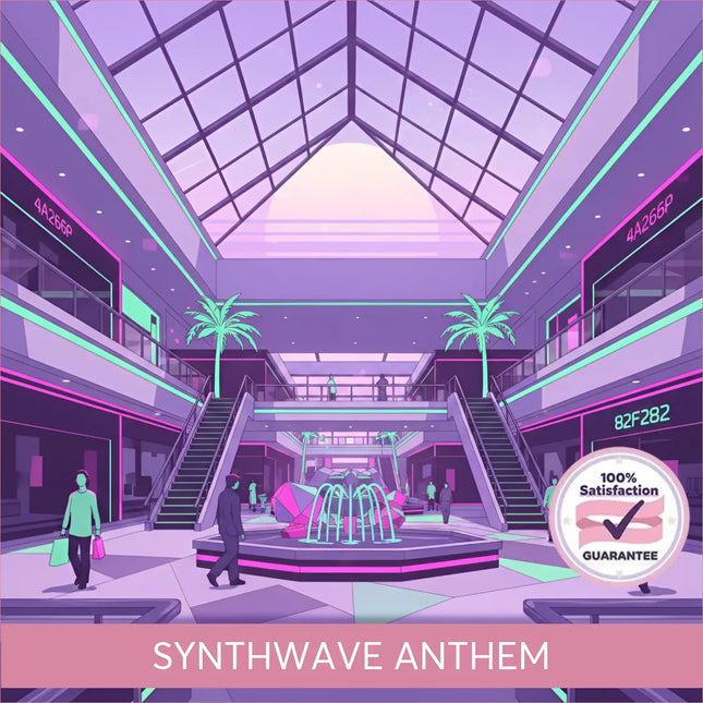 A glowing neon pink and teal synthwave fountain with angular jets in a futuristic mall for gymnastics floor music vibes