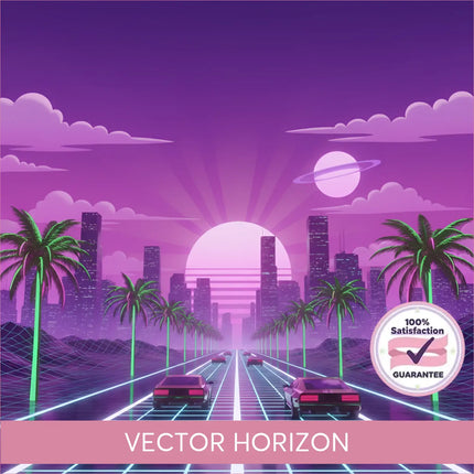 Purple neon-lit synthwave cityscape with glowing grid roads and palm trees perfect for gymnastics floor music vibe