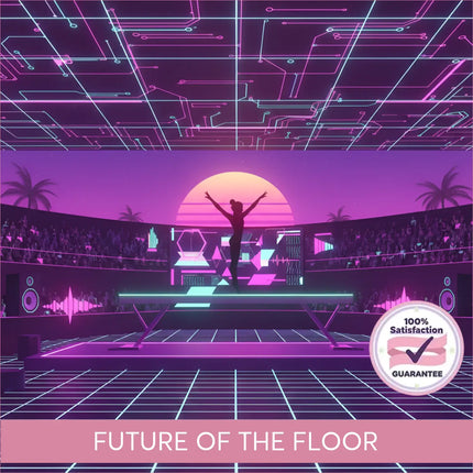 A silhouette of a dancer on a glowing platform in front of a neon-lit stage for synthwave gymnastics floor music