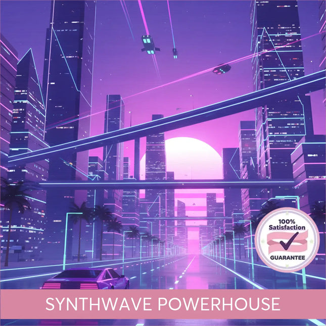 A sleek neon-pink retro-futuristic car cruises a glowing city street matching synthwave gymnastics floor music vibes
