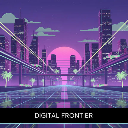Vibrant neon-pink synthwave cityscape with purple sky and palm trees perfect for gymnastics floor music vibes