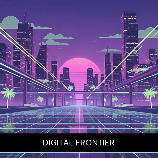 Vibrant neon-pink synthwave cityscape with purple sky and palm trees perfect for gymnastics floor music vibes