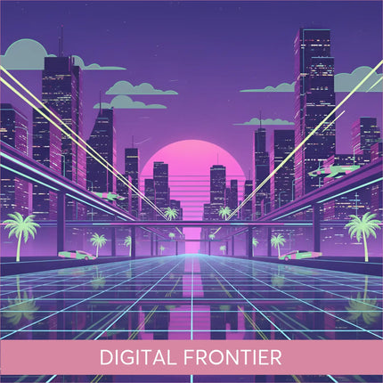 Synthwave gymnastics floor music with neon-pink sunset cityscape