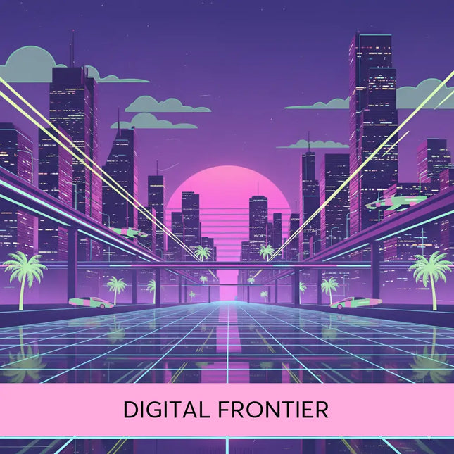 Vibrant neon-pink synthwave cityscape with purple sky and palm trees perfect for gymnastics floor music vibes