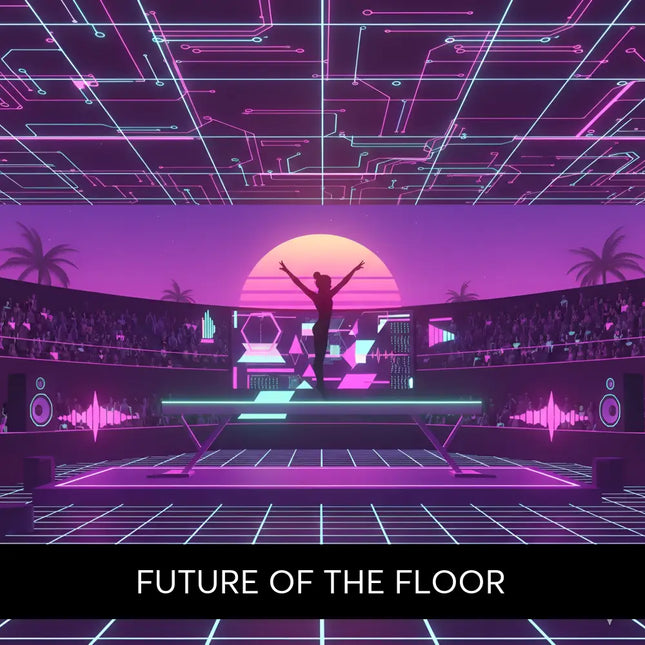 A silhouette of a dancer on a glowing platform in front of a neon-lit stage for synthwave gymnastics floor music