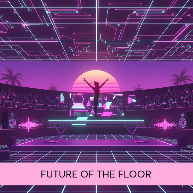 A silhouette of a dancer on a glowing platform in front of a neon-lit stage for synthwave gymnastics floor music