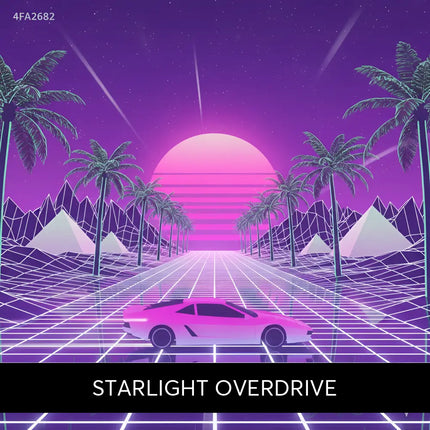A sleek neon pink sports car drives on a glowing grid road under a purple sunset with synthwave music vibes for gymnastics floor