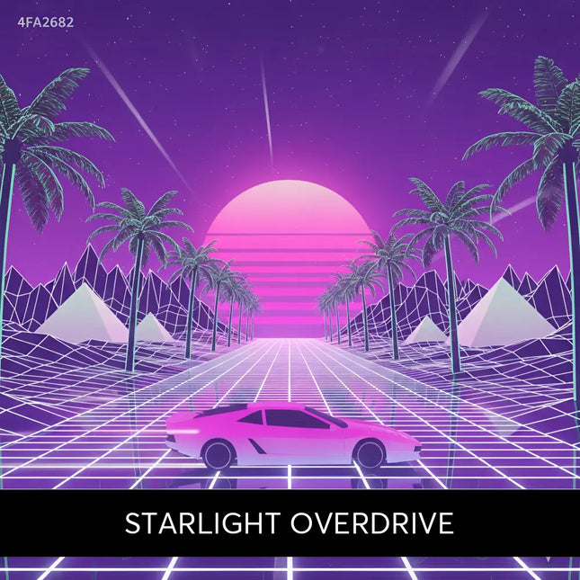 A sleek neon pink sports car drives on a glowing grid road under a purple sunset with synthwave music vibes for gymnastics floor