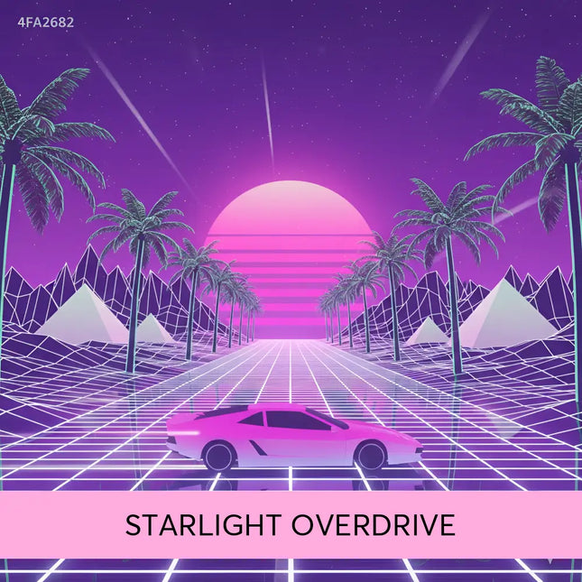 A sleek neon pink sports car drives on a glowing grid road under a purple sunset with synthwave music vibes for gymnastics floor