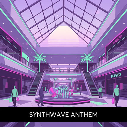 A glowing neon pink and teal synthwave fountain with angular jets in a futuristic mall for gymnastics floor music vibes