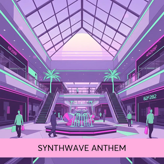 A glowing neon pink and teal synthwave fountain with angular jets in a futuristic mall for gymnastics floor music vibes