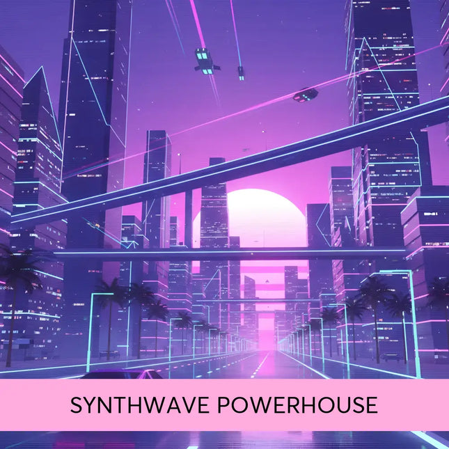 A sleek neon-pink retro-futuristic car cruises a glowing city street matching synthwave gymnastics floor music vibes