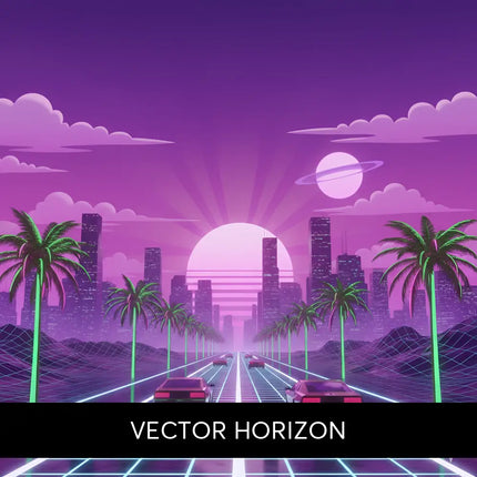 Purple neon-lit synthwave cityscape with glowing grid roads and palm trees perfect for gymnastics floor music vibe