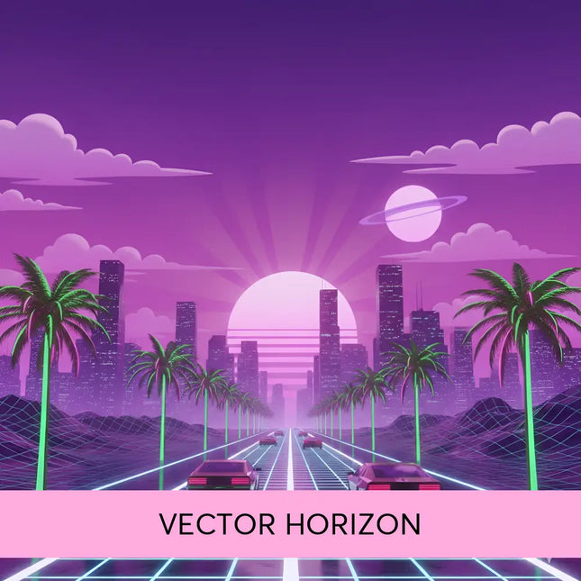 Purple neon-lit synthwave cityscape with glowing grid roads and palm trees perfect for gymnastics floor music vibe