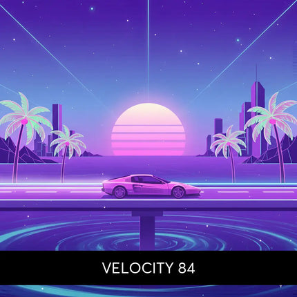 A sleek pink sports car drives along a neon-lit highway under a sunset for velocity 84 synthwave gymnastics floor music