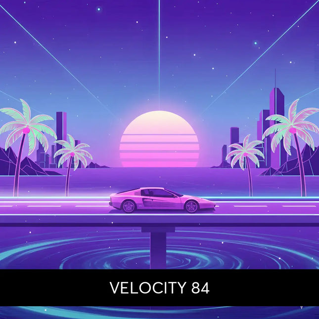 A sleek pink sports car drives along a neon-lit highway under a sunset for velocity 84 synthwave gymnastics floor music